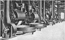 写真:ガスを燃料とするイデアル・ラピド焙煎機を多数設置した焙煎工場(ドイツ)。1900年代初頭。 All About Coffee 1922年より。