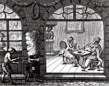 図7:1774年ウイーンのコーヒーハウス。屋外でシリンダー焙煎機を操作。銅版画。MUSEUM für KAFFEE TECHNIK(プロバット社1933)より。