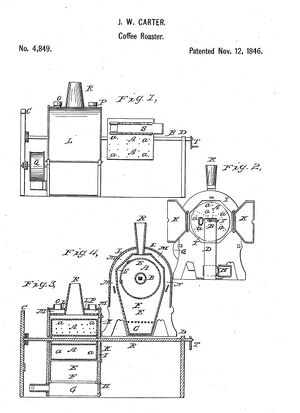 プル・アウト焙煎機。特許James W. Carter、COFFEE ROASTER,USpatent4849(1846)抜粋。