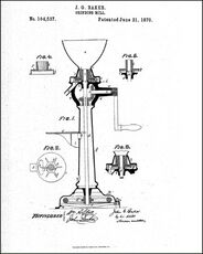1870年大型業務用ミル「エンタープライズミル」。 特許コーヒー・ミル No104,537. Patented June 21 (1870)より。